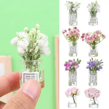 Ölçekli Oyuncaklar Mobilya Cam Şişe Mini Çiçek Düzenleme Pembe Gül Beyaz Yasemin Bebek Aksesuarları Dollhouse Çiçek Vazo