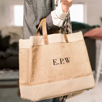 Özelleştirmek Monogram Adı Jüt Alışveriş Çantaları, Kişiselleştirin Doğal Aile Maceraları Jüt Alışveriş Deri Kolları İle Pazar Tote