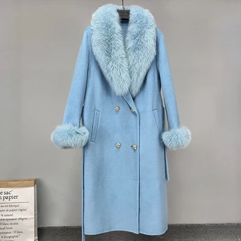 Ünlü 2022 vintage Haki Kaşmir gerçek Yün Karışımı Ceket f Doğal Tilki Kürk Yaka Bayanlar Uzun gerçek kürk Giyim