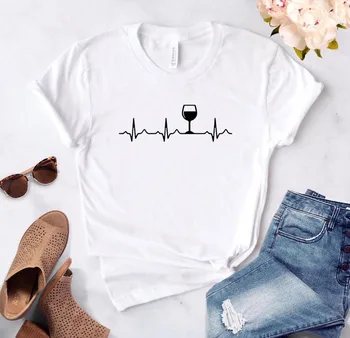 Şarap Kalp Atışı Baskı T Shirt Kadın Kısa Kollu O Boyun Gevşek Gömlek Yaz Kadın Casual Tee Gömlek Tops Camisetas Mujer