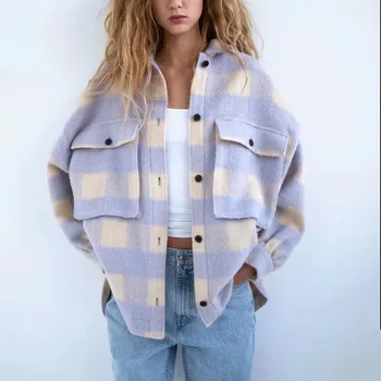 Şık Tatlı Ekose Yün Gömlek Ceketler Kadın Moda Cepler Turn-aşağı Yaka Ekose Ceket Sevimli Kız Şık Ceket Streetwear