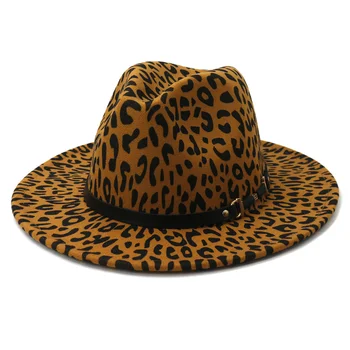 Leopar Yün Caz fötr şapkalar Rahat Kadın deri kemer dokulu şapka Bayanlar Panama Fötr Kadın Parti Kap Sombrero